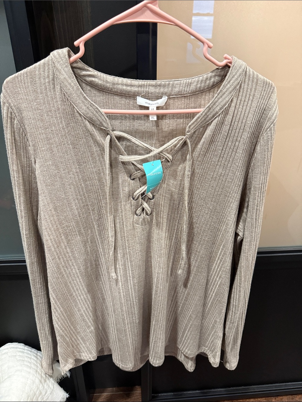 Maurices Ribbed Lace-Up Long Sleeve Top in Taupe